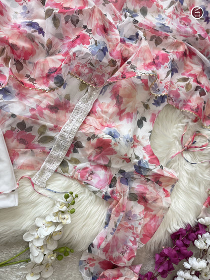 Pink Floral Organza Suit With Embroidered Dupatta