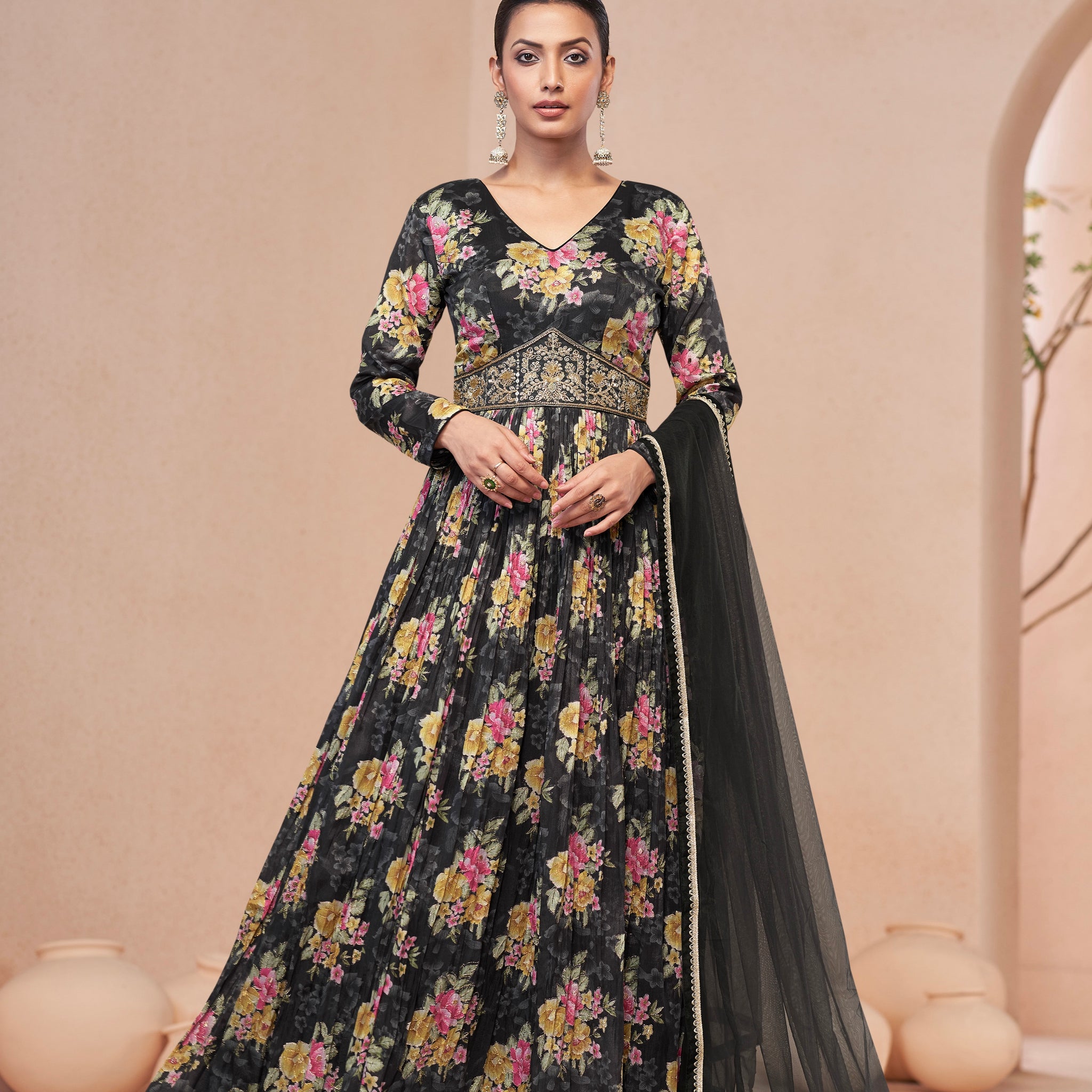 Black Floral Handwork Anarkali Suit with Soft Net Dupatta, perfect for weddings and parties