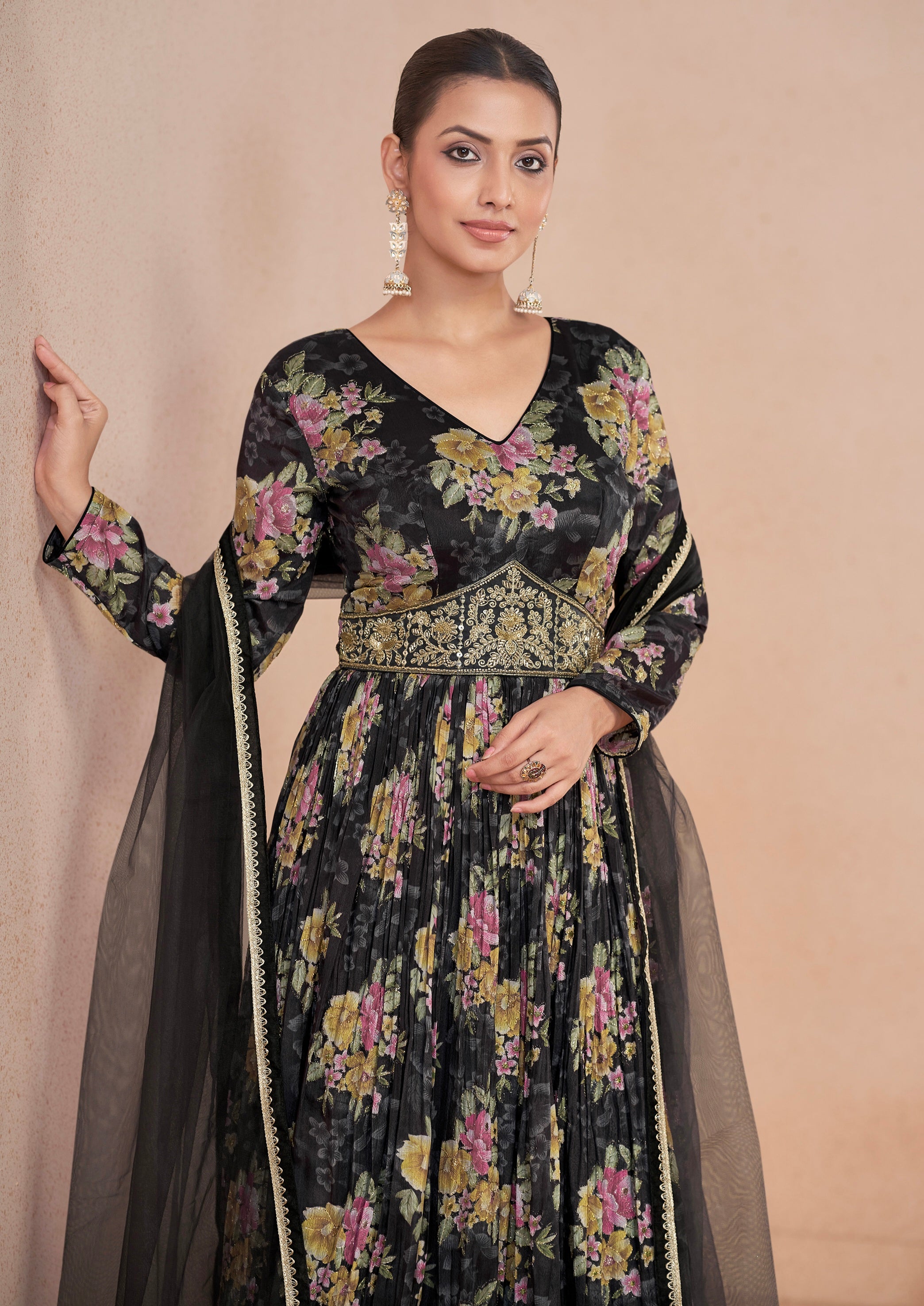 Black Floral Handwork Anarkali Suit with Soft Net Dupatta, perfect for weddings and parties