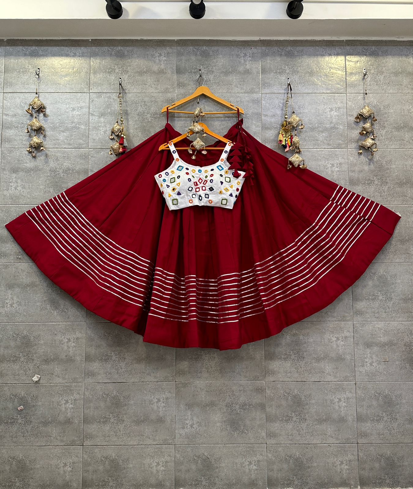 Red Roman Skirt with White Jam Satin Mirror Handwork Blouse