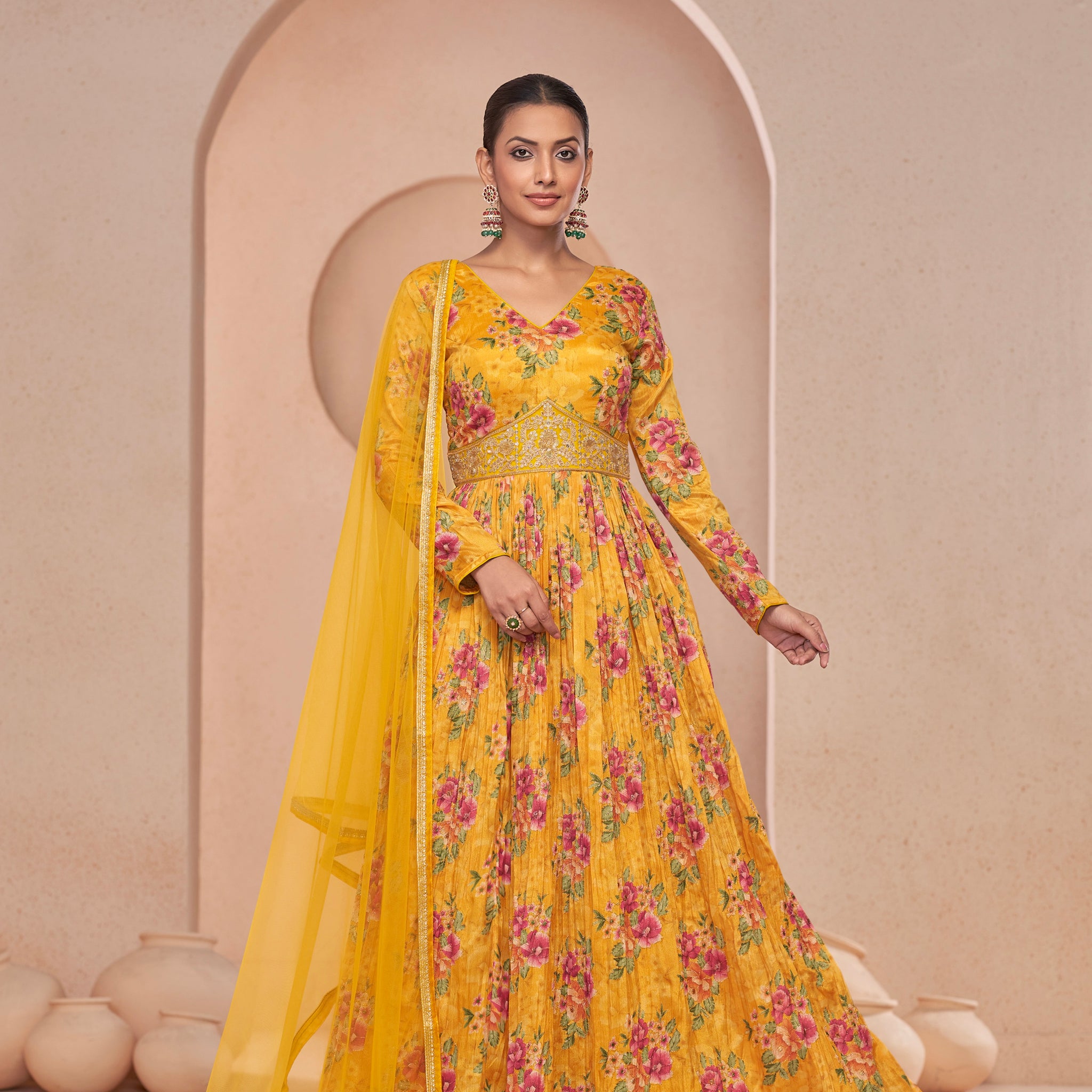 Yellow Floral Handwork Anarkali Suit with Net Dupatta