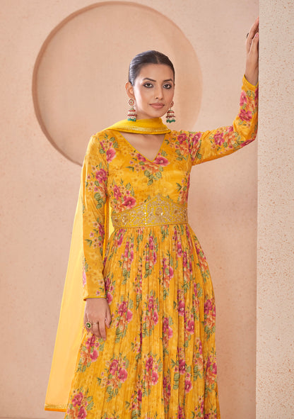 Yellow Floral Handwork Anarkali Suit with Net Dupatta