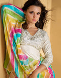 White Pure Silk Anarkali Suit with Embellished Work and Multicolor Dupatta