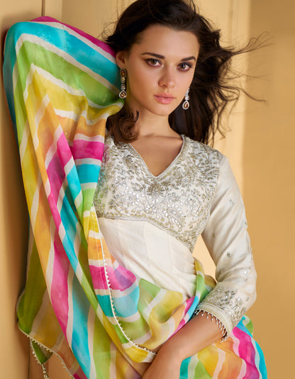 White Pure Silk Anarkali Suit with Embellished Work and Multicolor Dupatta