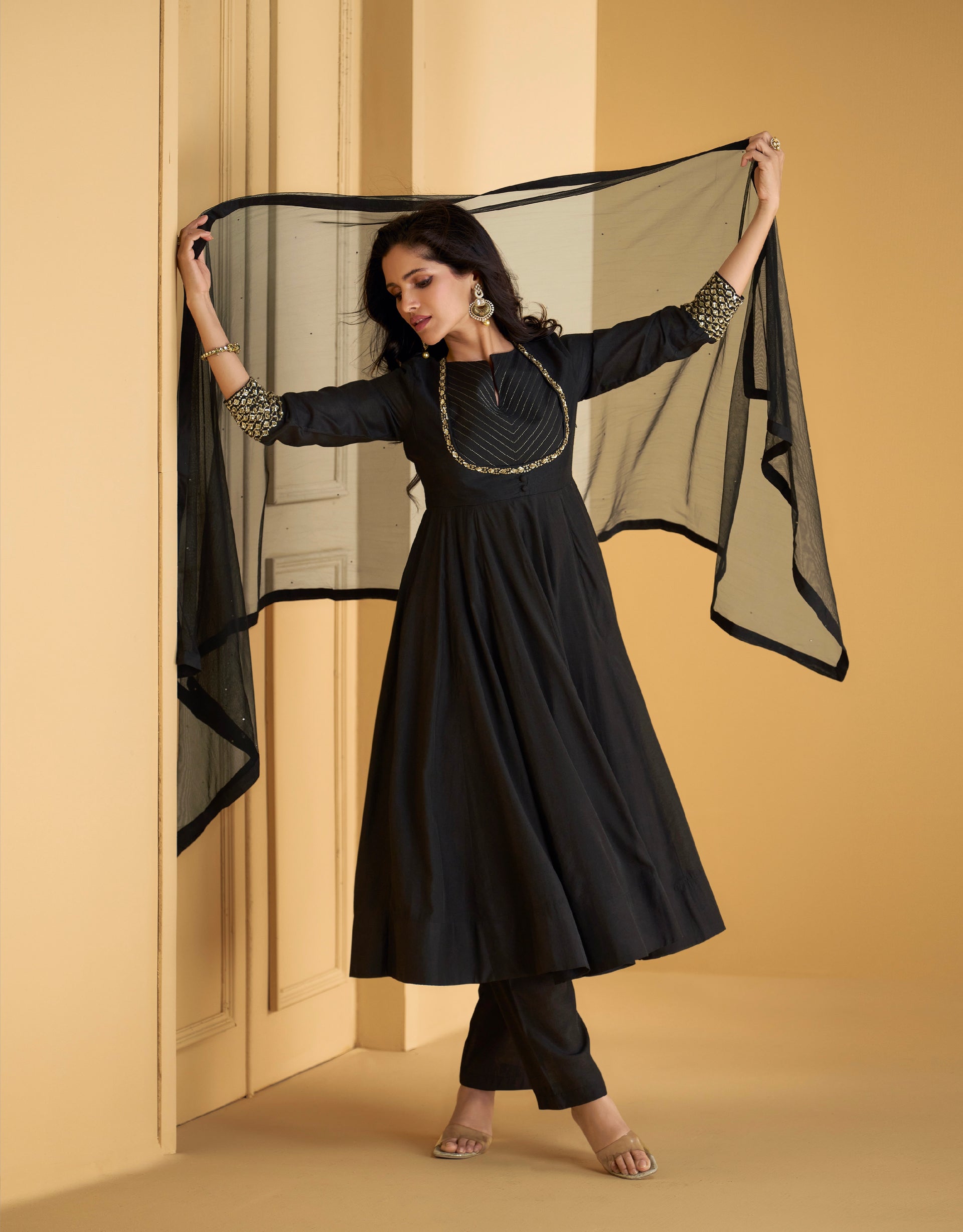 Buy Black Pure Silk Anarkali Suit with Embellished Work & Dupatta  Anant  Exports