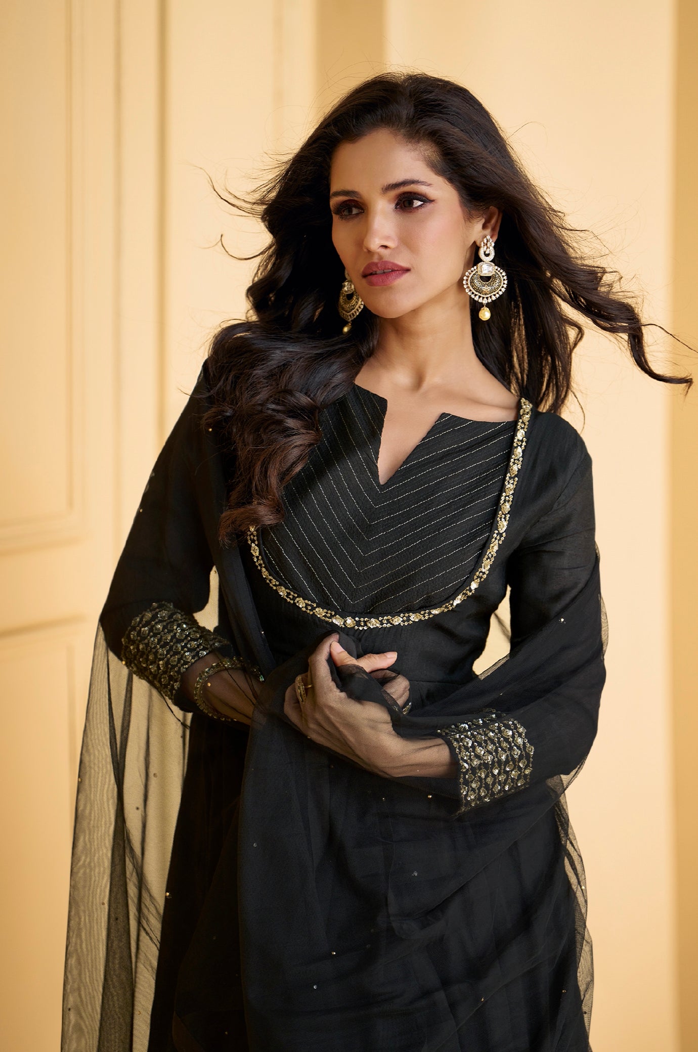 Black Pure Silk Anarkali Suit with Embellished Work &amp; Dupatta