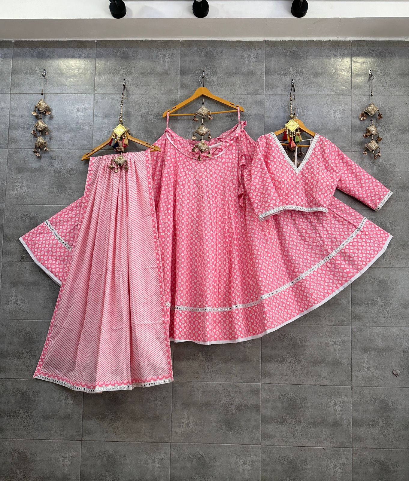 Pink Pure Camric Cotton Chaniya Choli with Fancy Gamthi Mirror Lace