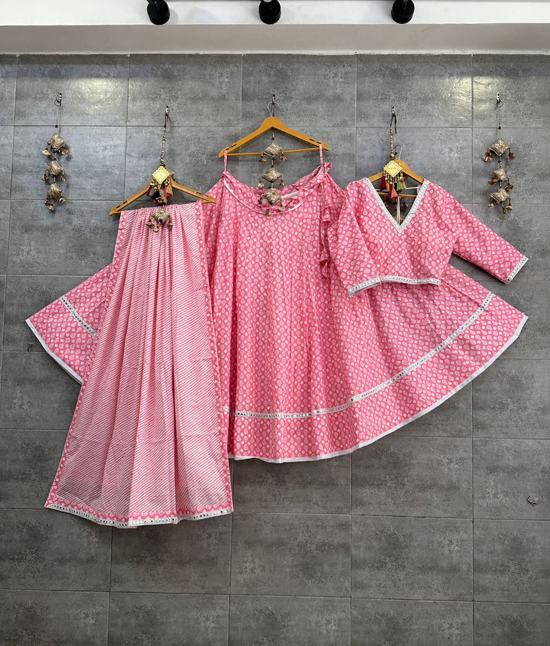 Pink Pure Camric Cotton Chaniya Choli with Fancy Gamthi Mirror Lace