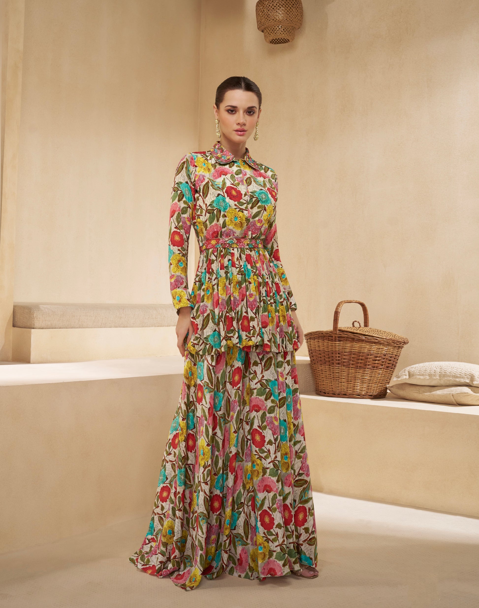 Multicolor Floral Muslin Sharara Suit with Embroidered Collar