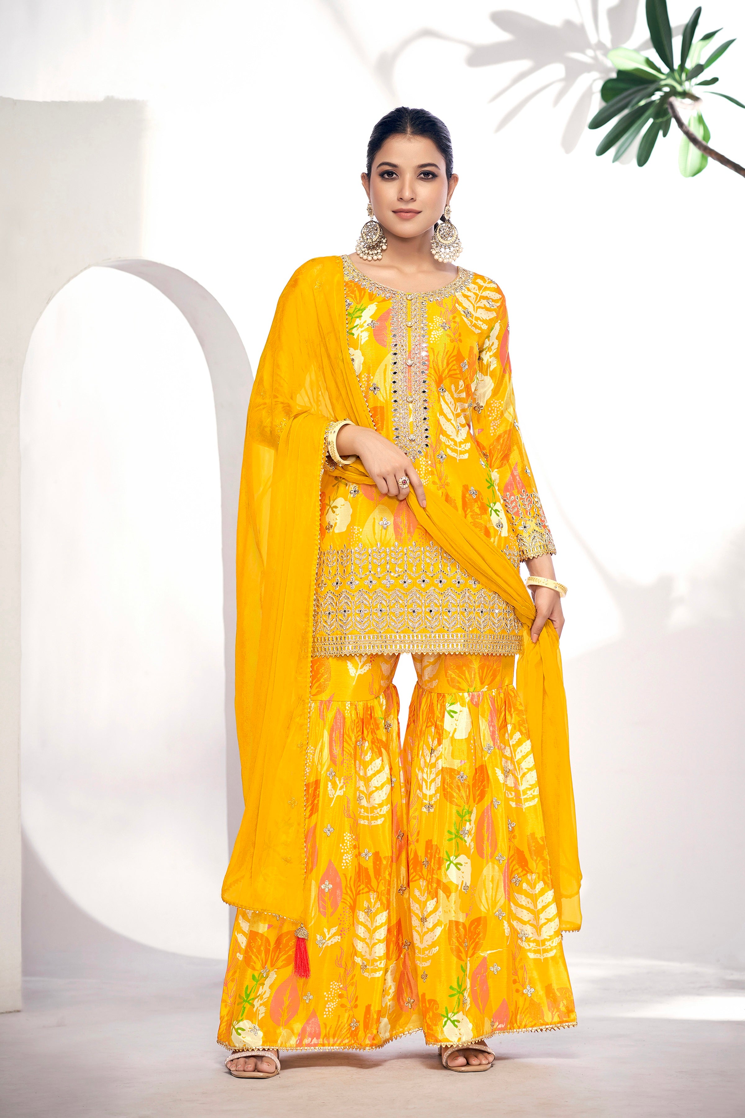 Yellow Festive Sharara Suit with Embroidery &amp; Digital Print