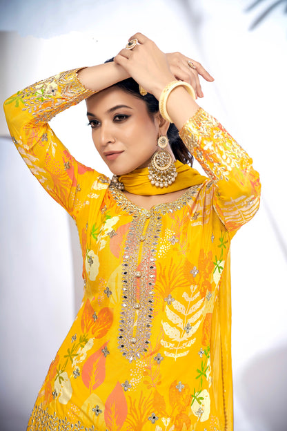 Yellow Festive Sharara Suit with Embroidery &amp; Digital Print