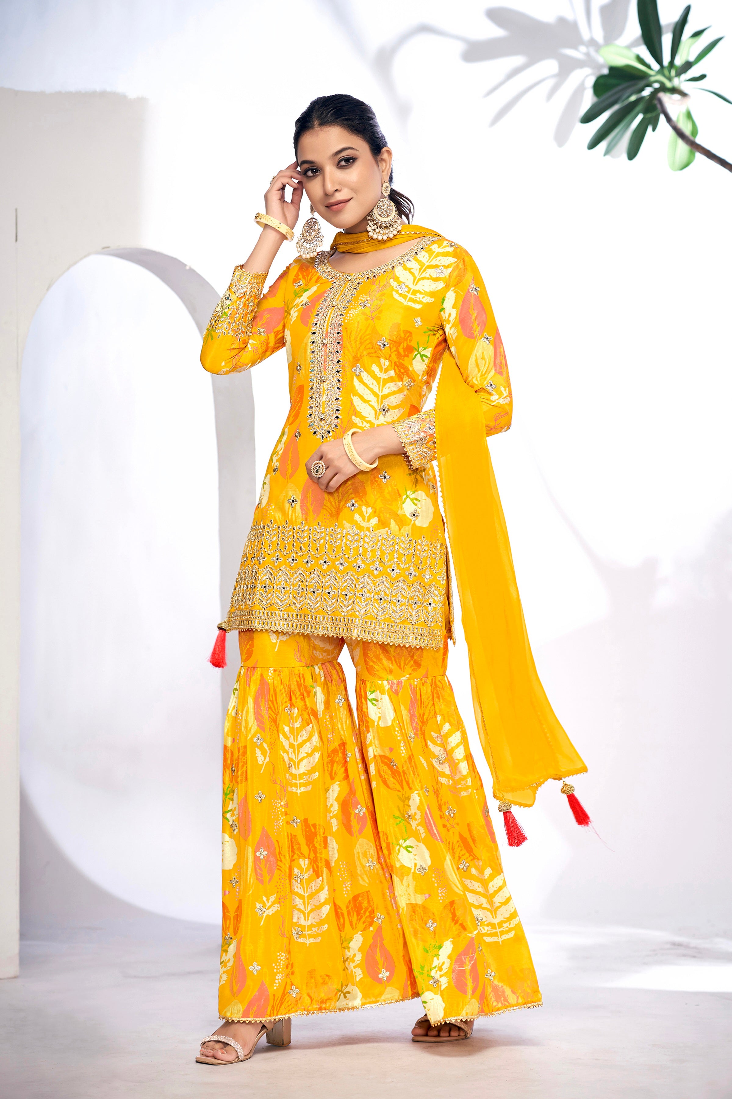 Yellow Festive Sharara Suit with Embroidery & Digital Print