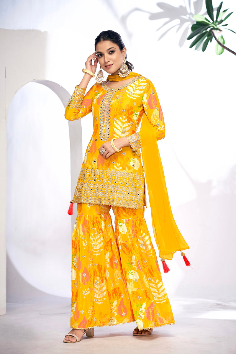 Yellow Festive Sharara Suit with Embroidery & Digital Print