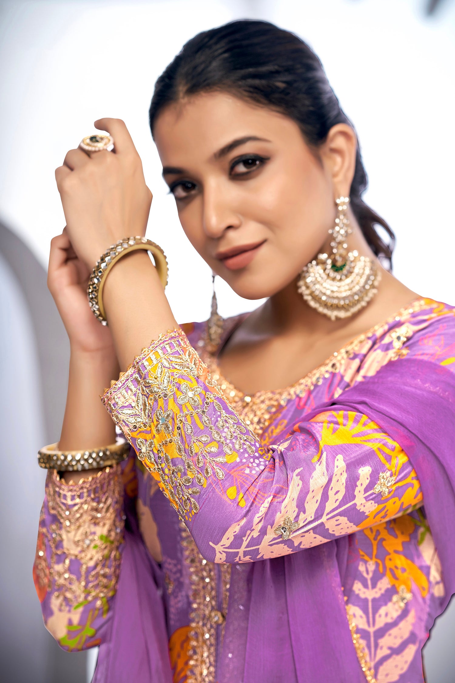 Purple Festive Sharara Suit with Embroidery &amp; Digital Print