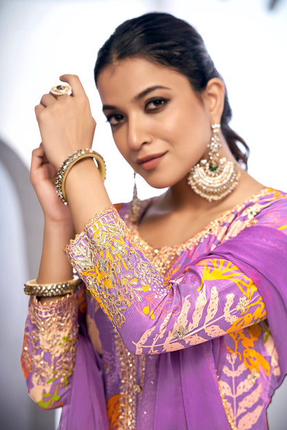 Purple Festive Sharara Suit with Embroidery &amp; Digital Print