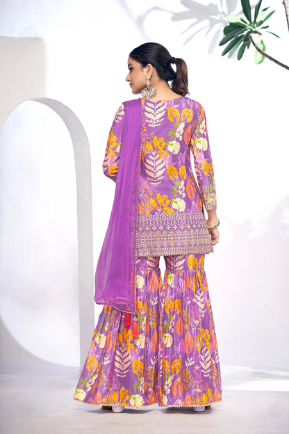 Purple Festive Sharara Suit with Embroidery &amp; Digital Print