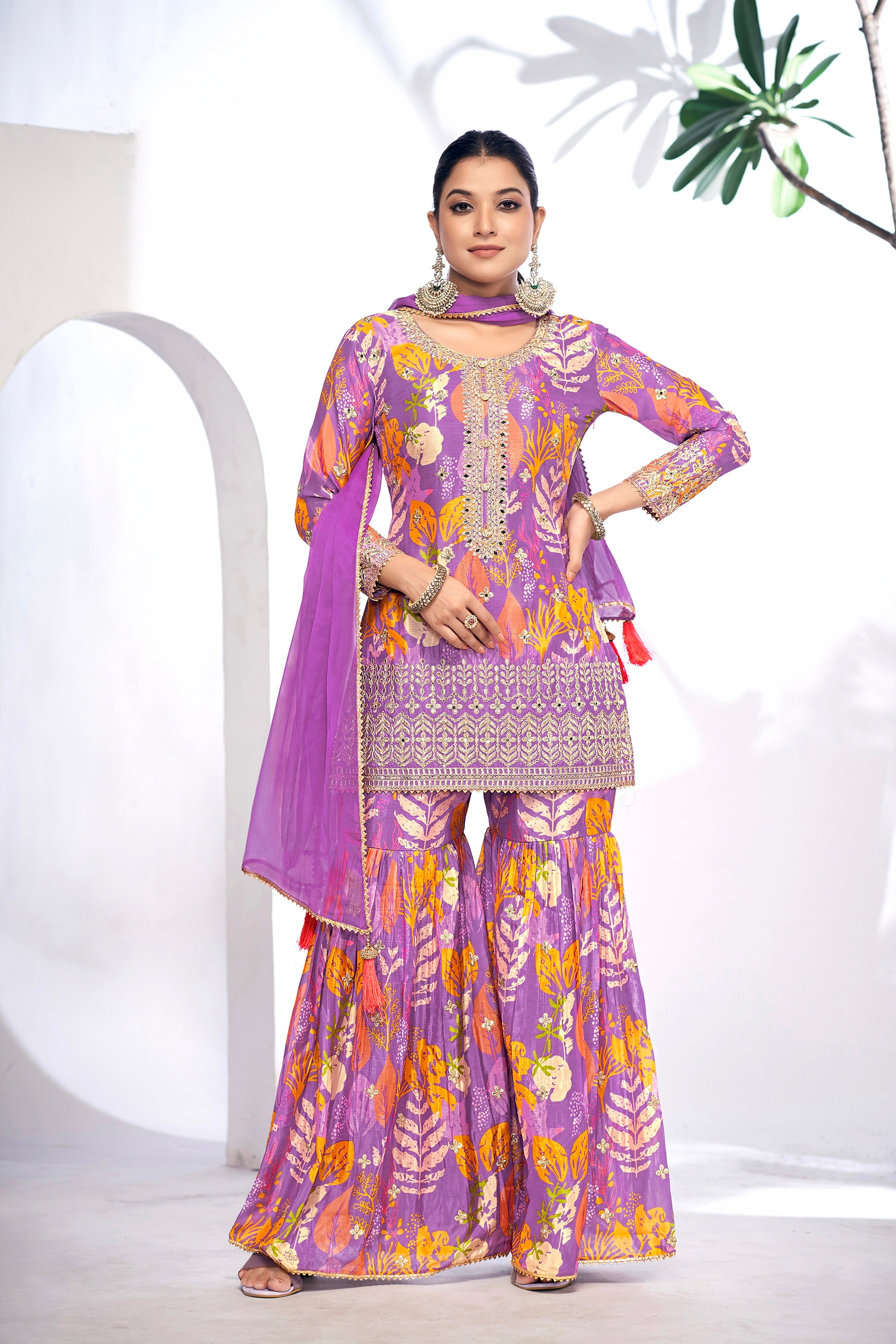 Purple Festive Sharara Suit with Embroidery &amp; Digital Print