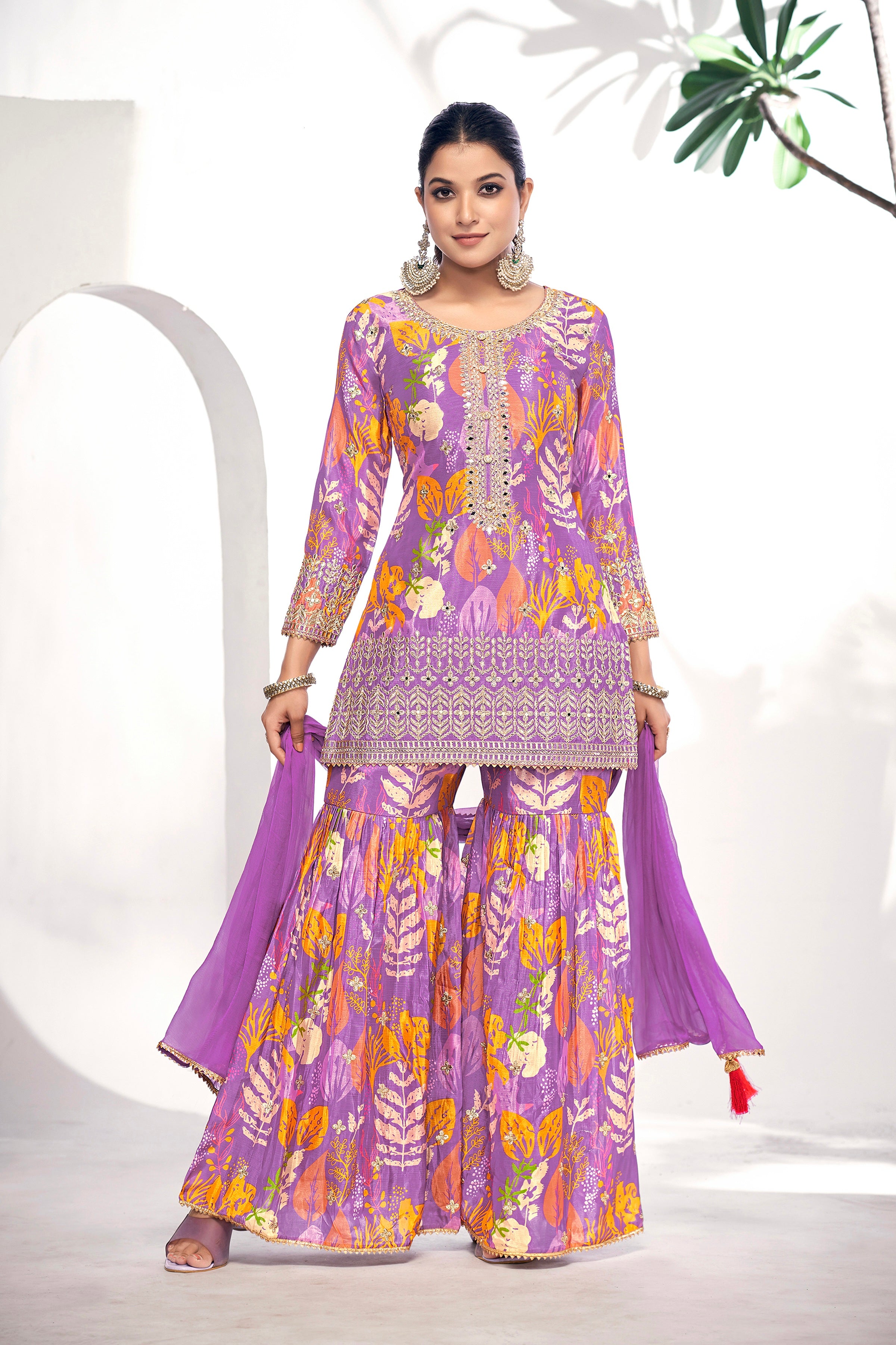 Purple Festive Sharara Suit with Embroidery &amp; Digital Print