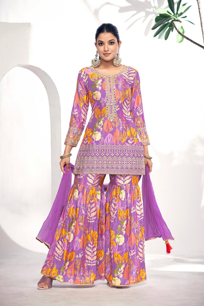 Purple Festive Sharara Suit with Embroidery &amp; Digital Print