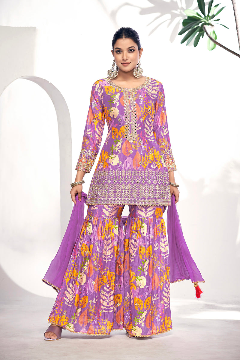 Purple Festive Sharara Suit with Embroidery & Digital Print