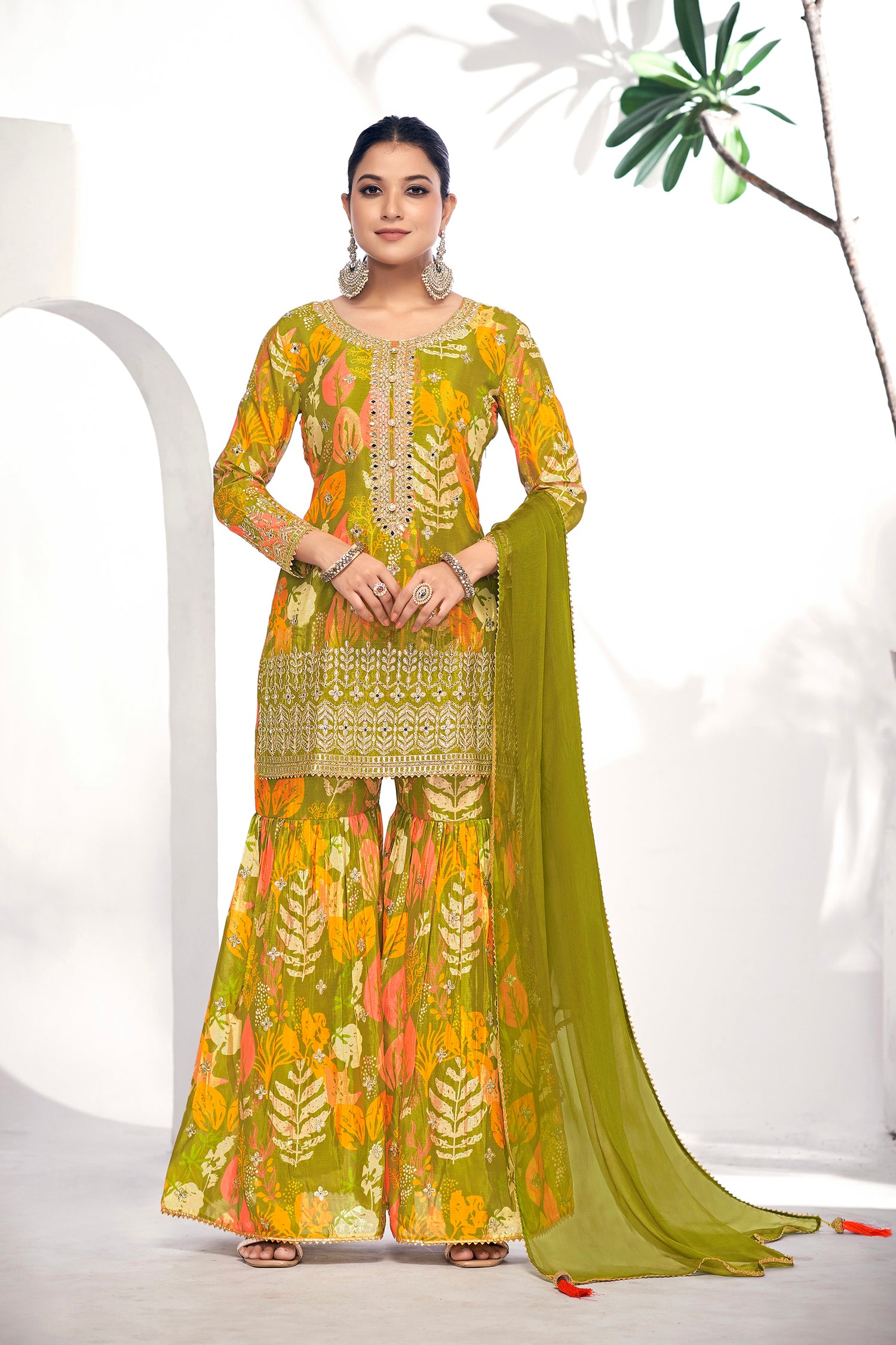 Green Festive Sharara Suit with Embroidery &amp; Digital Print