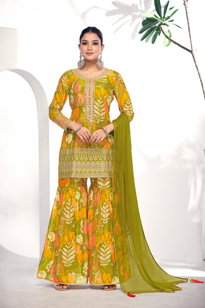 Green Festive Sharara Suit with Embroidery &amp; Digital Print