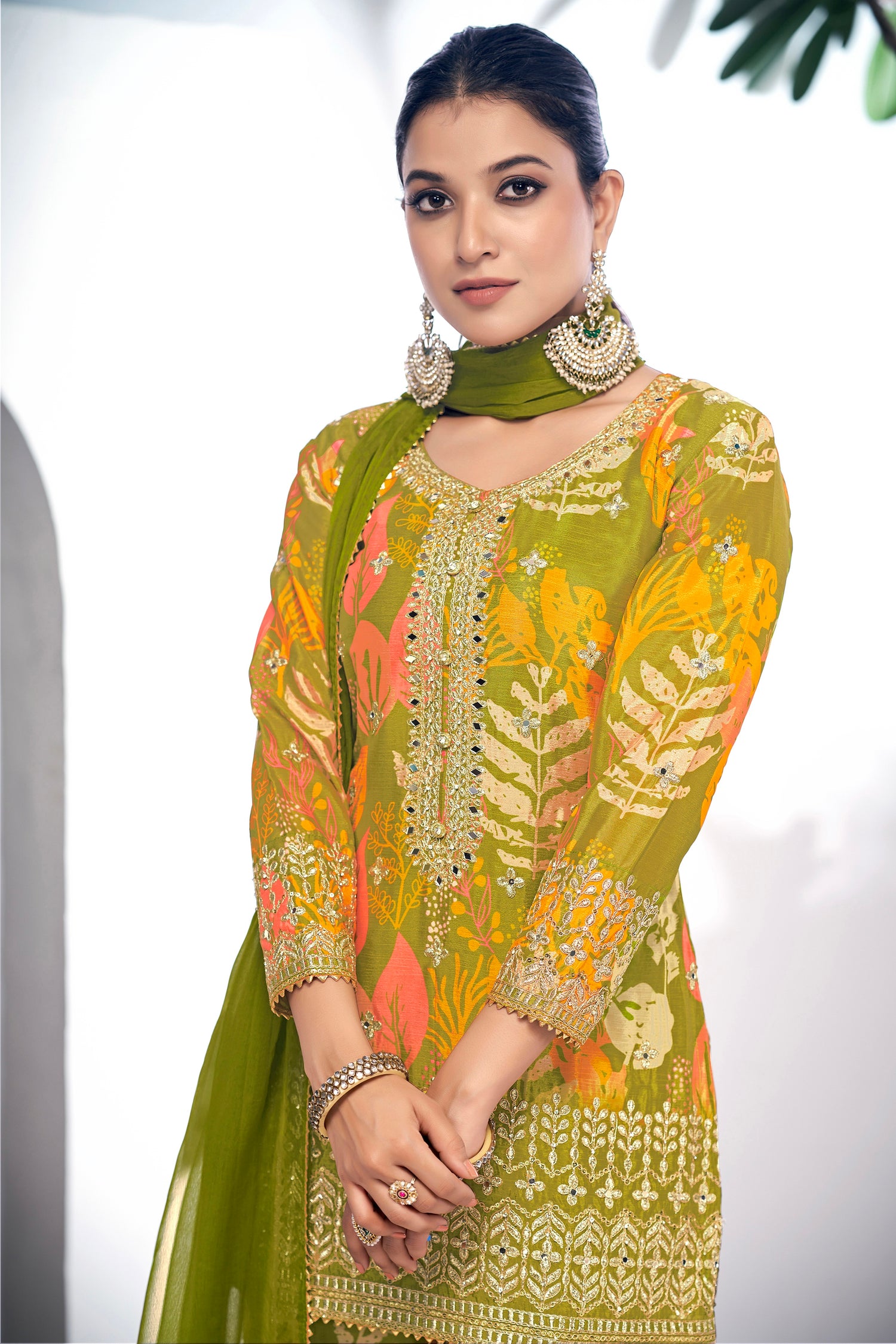 Green Festive Sharara Suit with Embroidery &amp; Digital Print