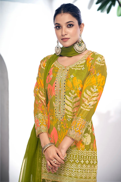 Green Festive Sharara Suit with Embroidery &amp; Digital Print