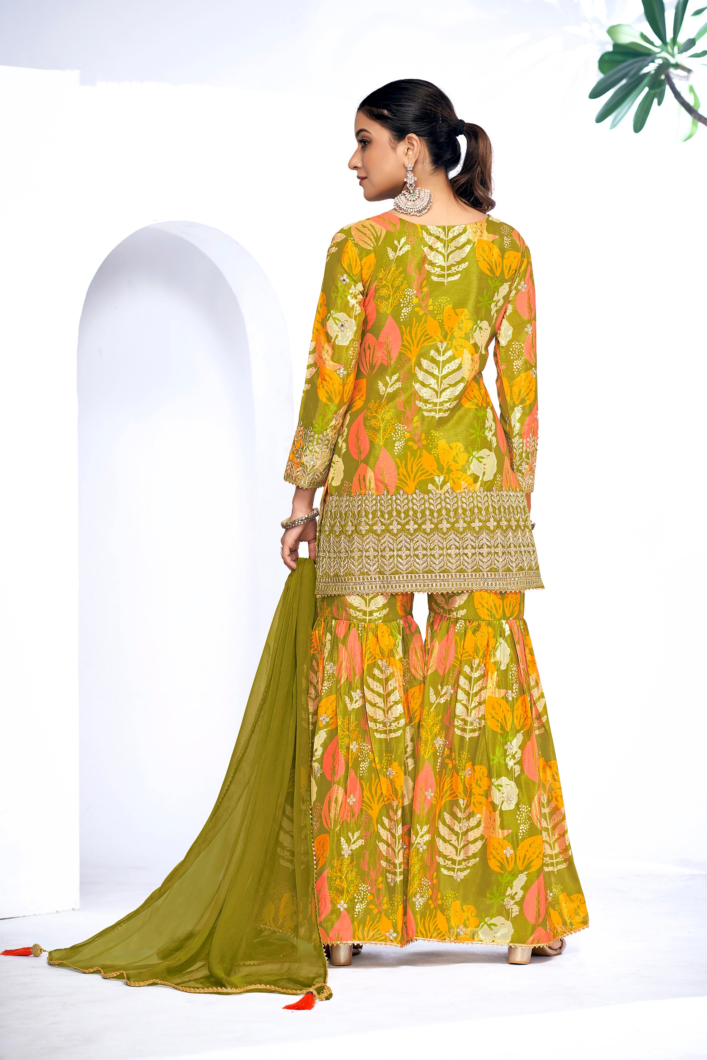 Orange Festive Sharara Suit with Heavy Embroidery & Ombre Dupatta main image 0