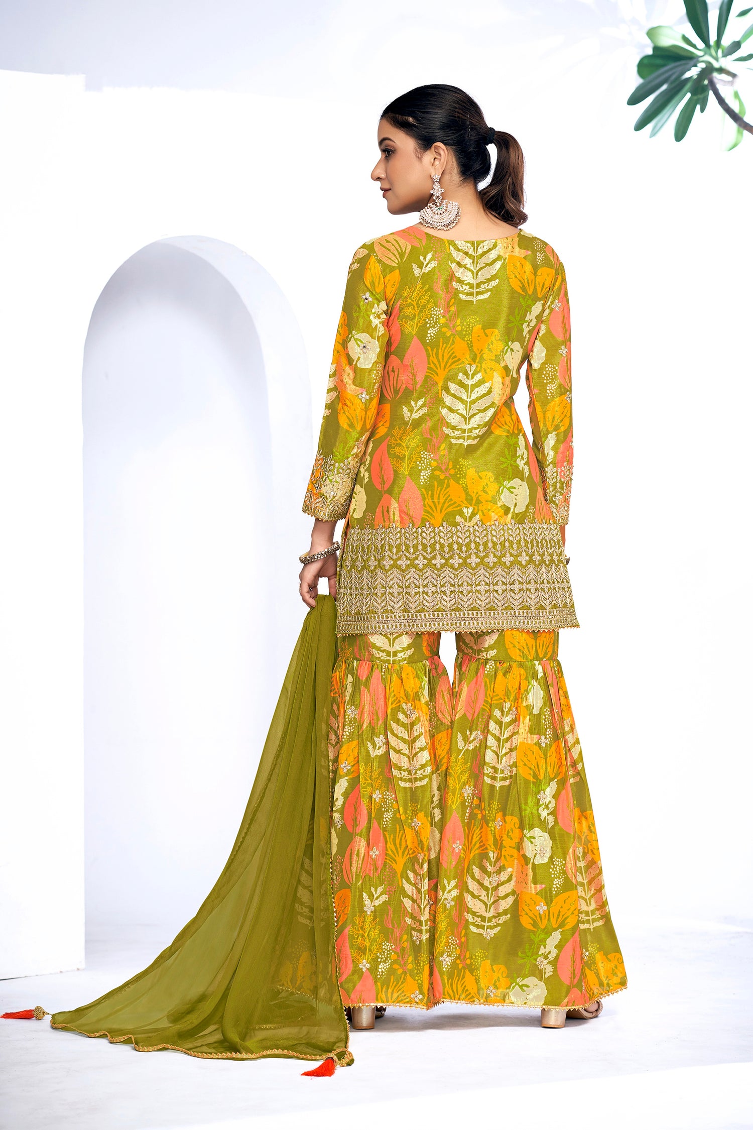 Green Festive Sharara Suit with Embroidery &amp; Digital Print