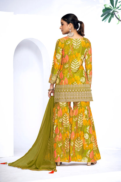 Green Festive Sharara Suit with Embroidery &amp; Digital Print