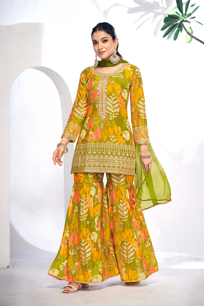 Green Festive Sharara Suit with Embroidery &amp; Digital Print