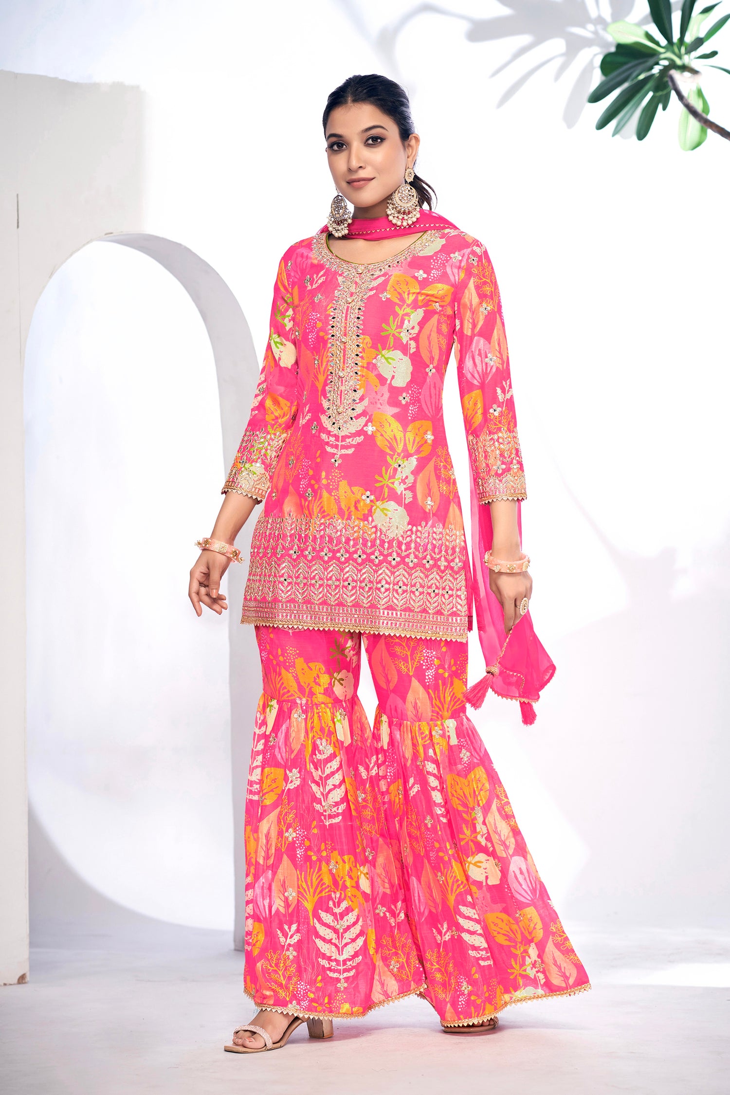 Pink Festive Sharara Suit with Embroidery &amp; Digital Print