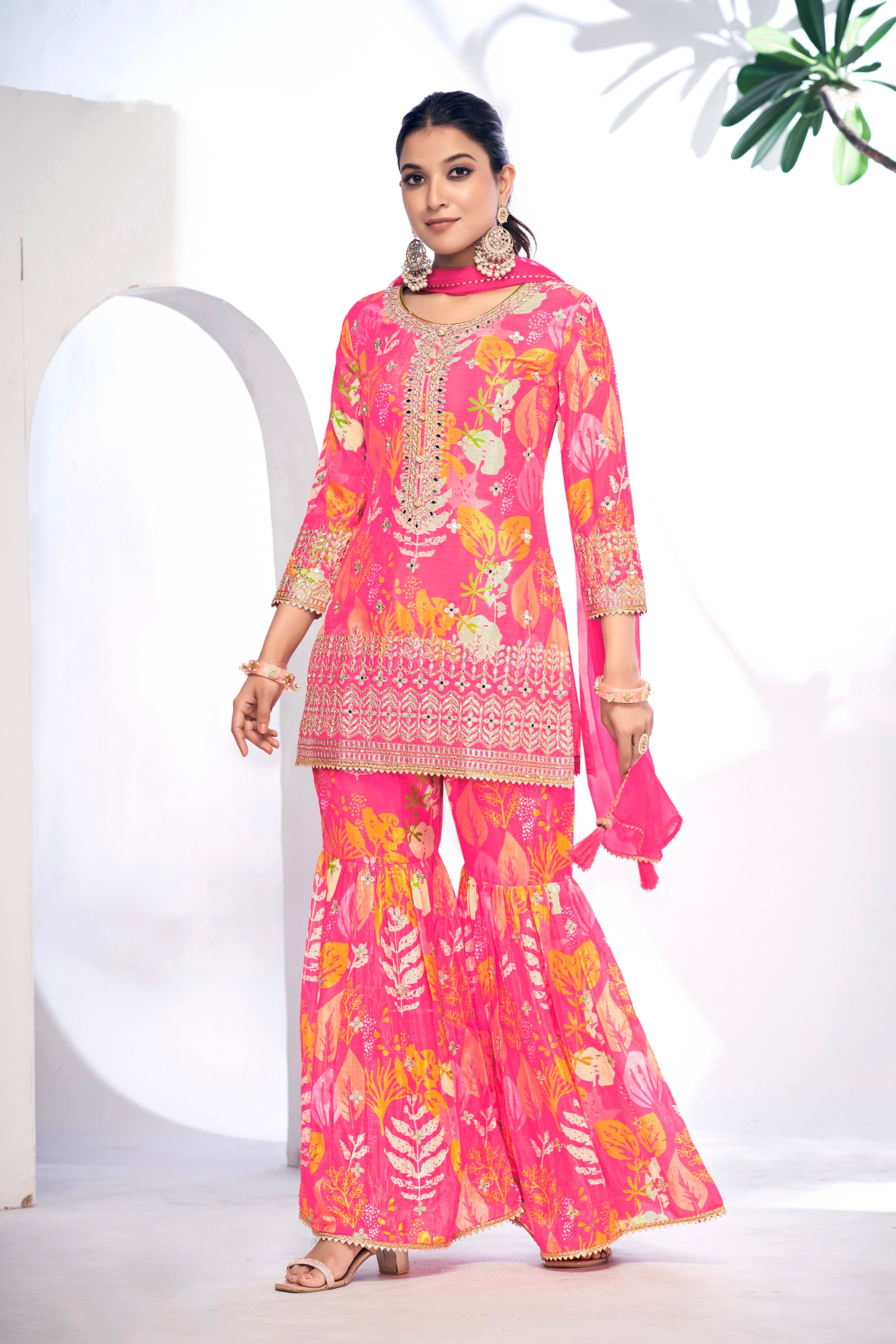 Pink Festive Sharara Suit with Embroidery &amp; Digital Print