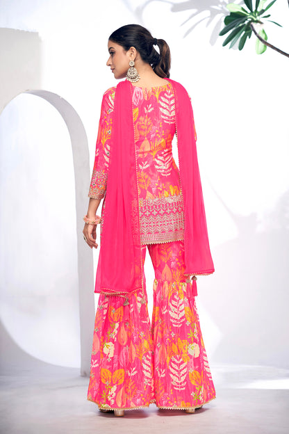 Pink Festive Sharara Suit with Embroidery &amp; Digital Print