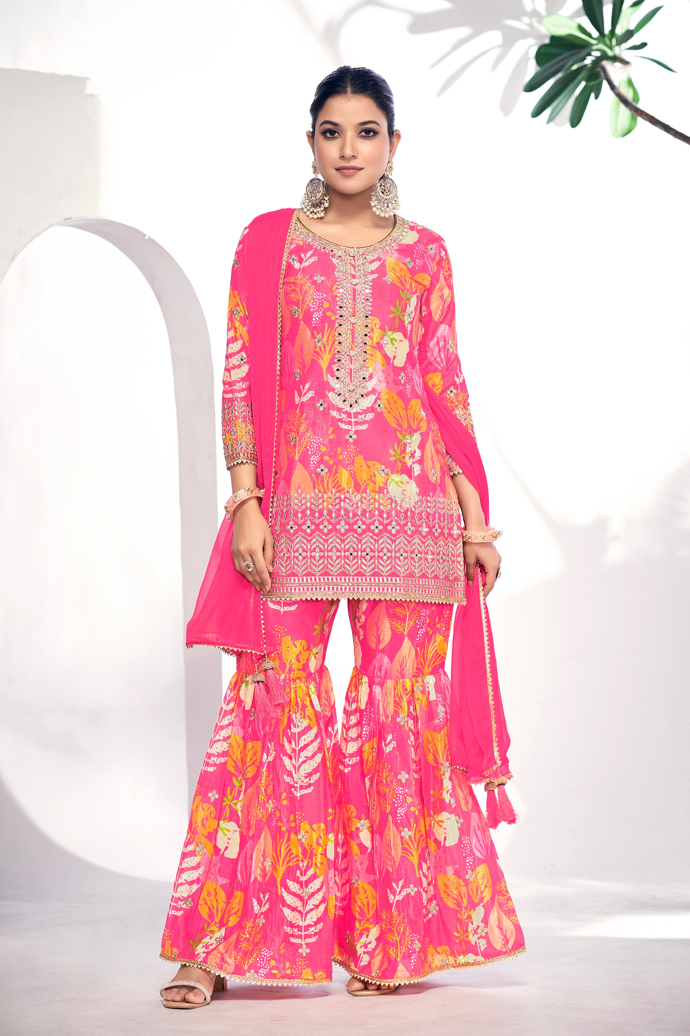 Pink Festive Sharara Suit with Embroidery &amp; Digital Print