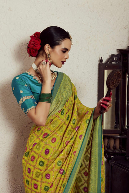 Green Soft Brasso Saree with Dhupian Silk Blouse
