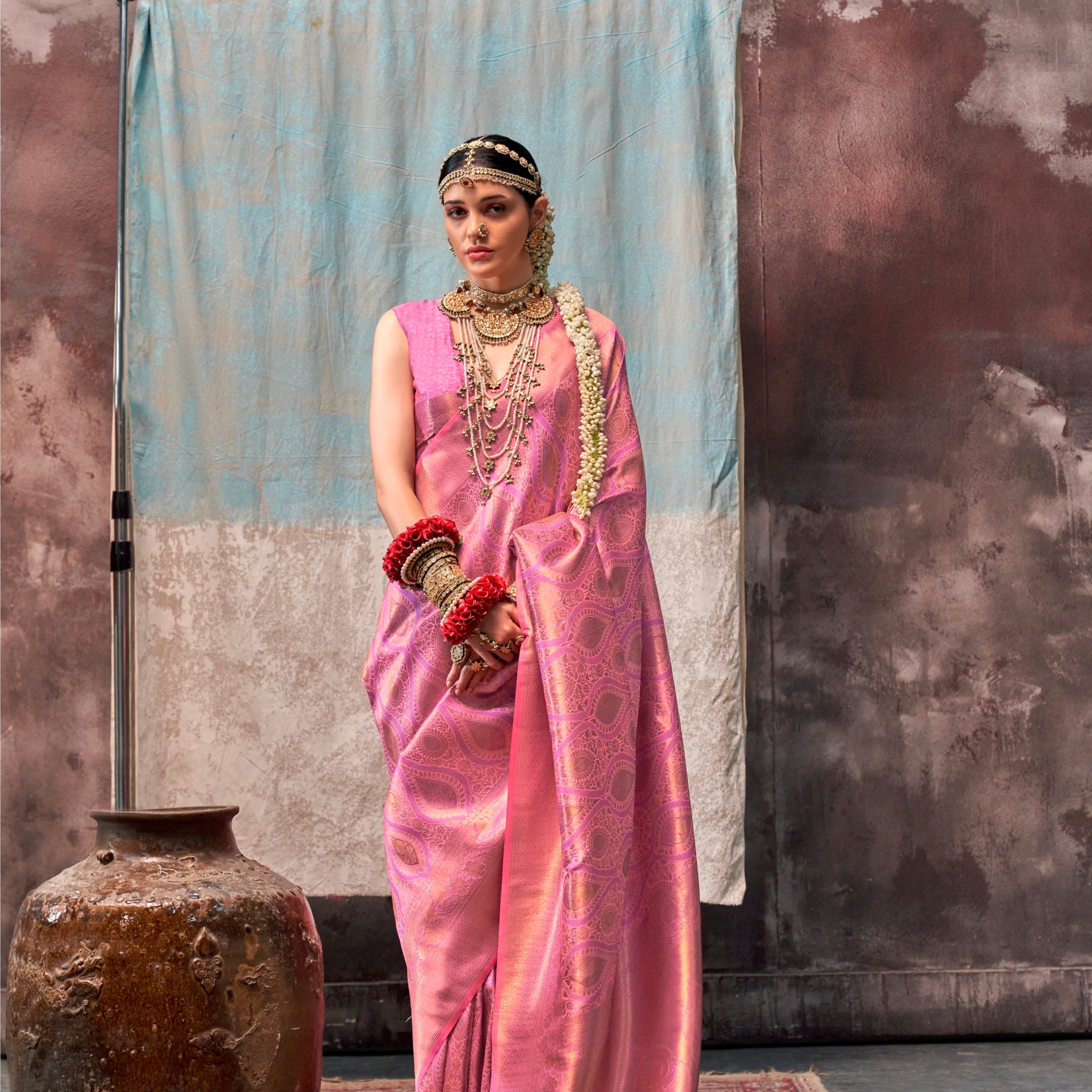 Hot Pink Handloom Two Tone Silk Saree with Gold Zari Work