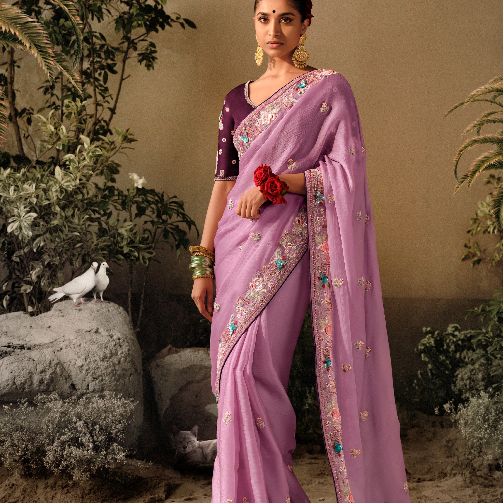 Lavender Wedding Saree with Heavy Embroidery Border