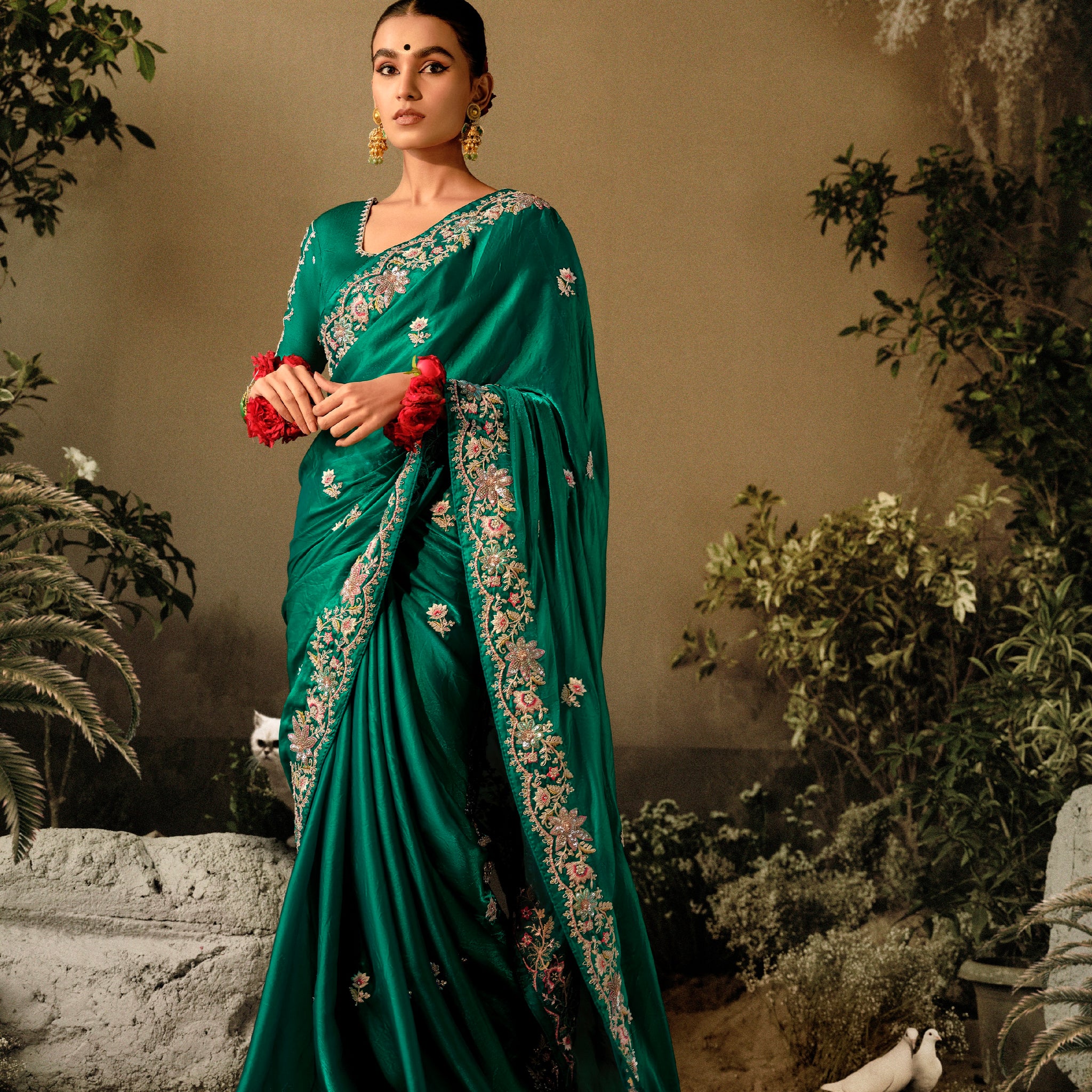 Green Wedding Wear Saree with Sequins and Stones