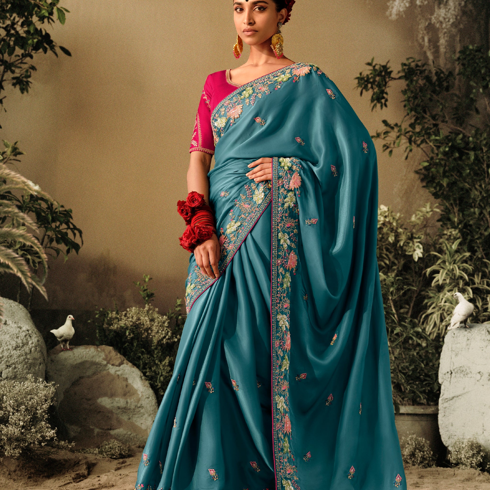 Blue Wedding Saree with Embroidery and Tassels