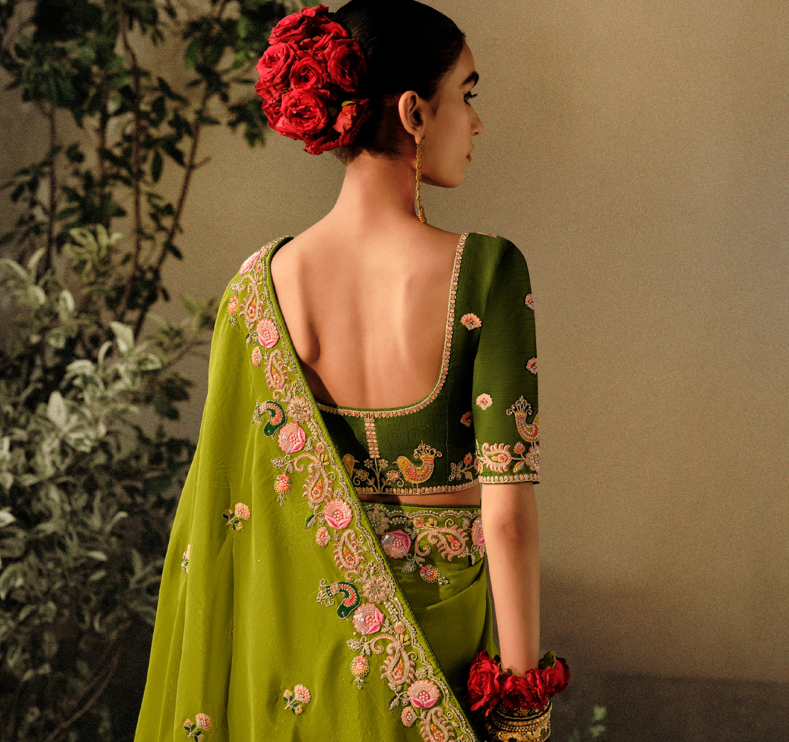 Green Wedding Saree with Embroidery and Pearls