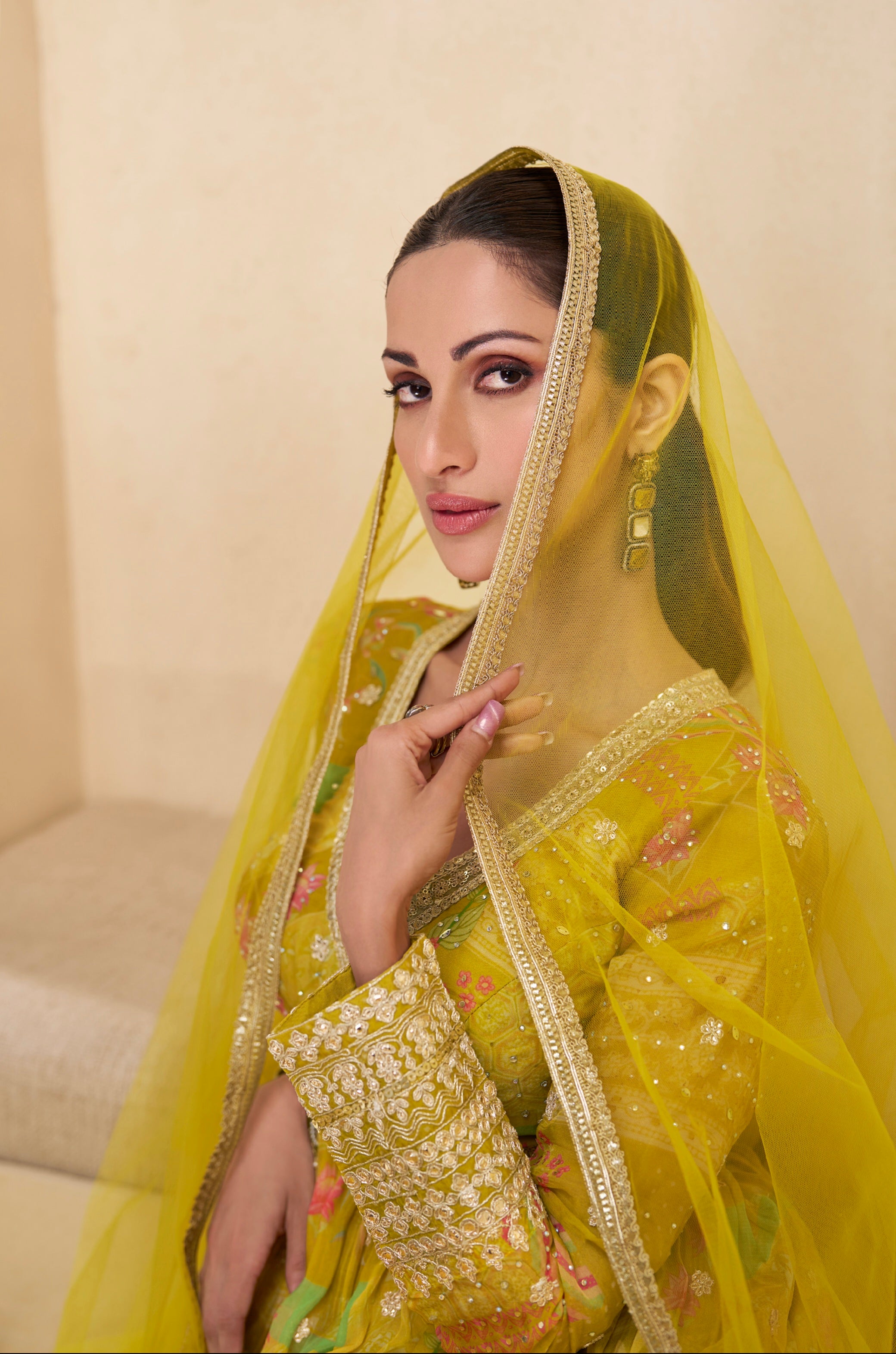 Yellow Floral Embroidered Real Georgette Anarkali with Net Dupatta