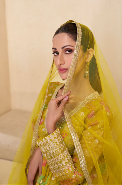 Yellow Floral Embroidered Real Georgette Anarkali with Net Dupatta