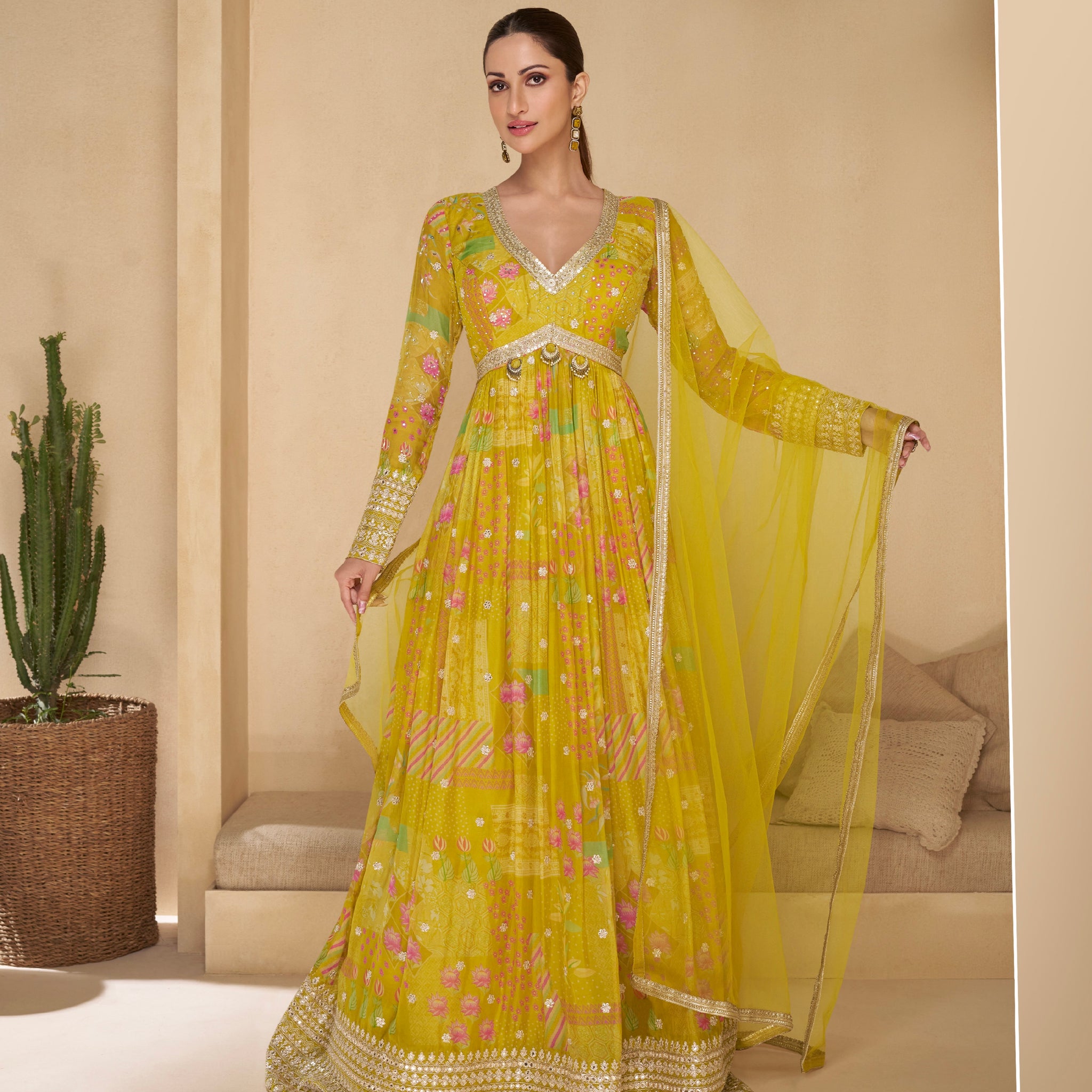 Yellow Floral Embroidered Real Georgette Anarkali with Net Dupatta