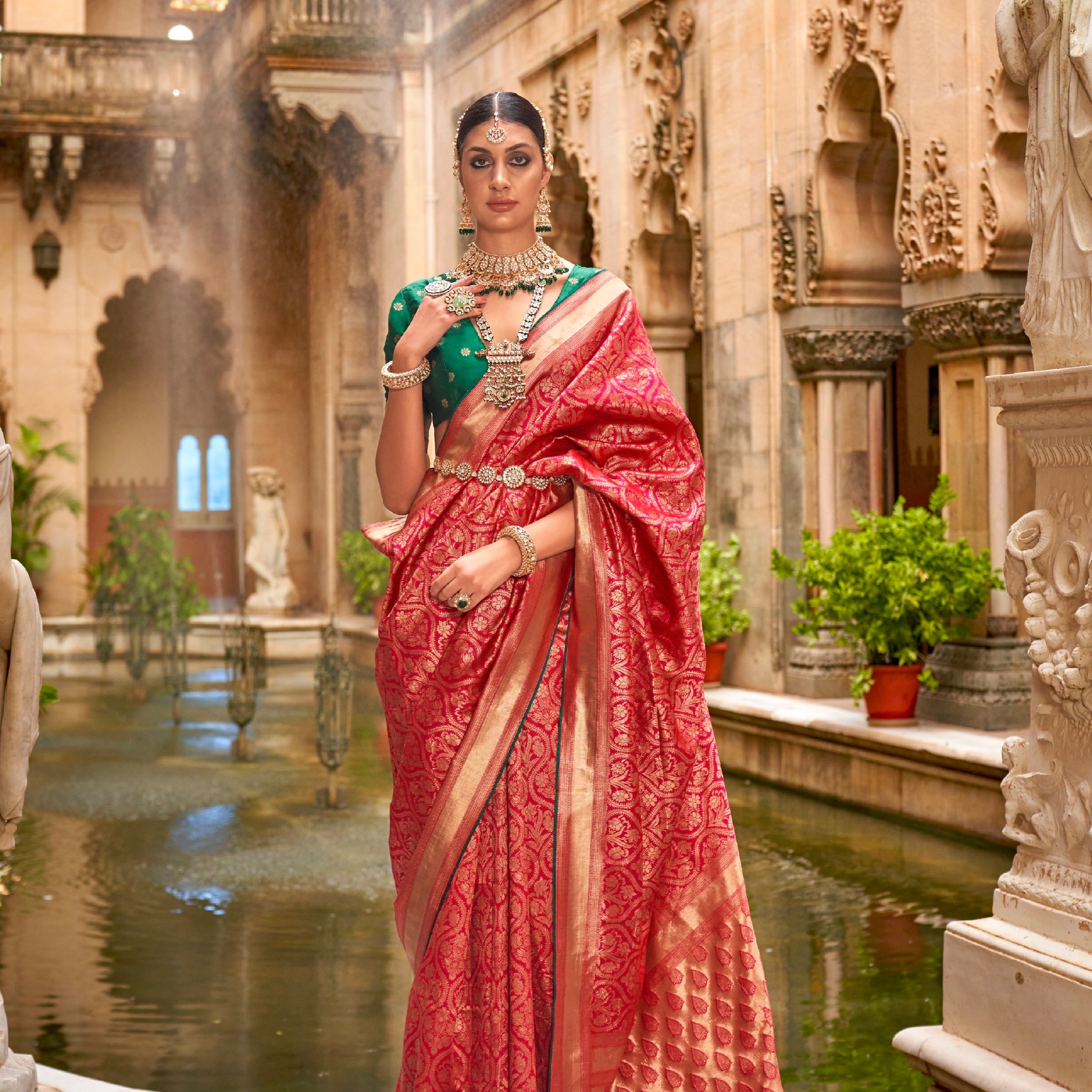 Red and Gold Banarasi Silk Saree with Jacquard Weaving and Blouse