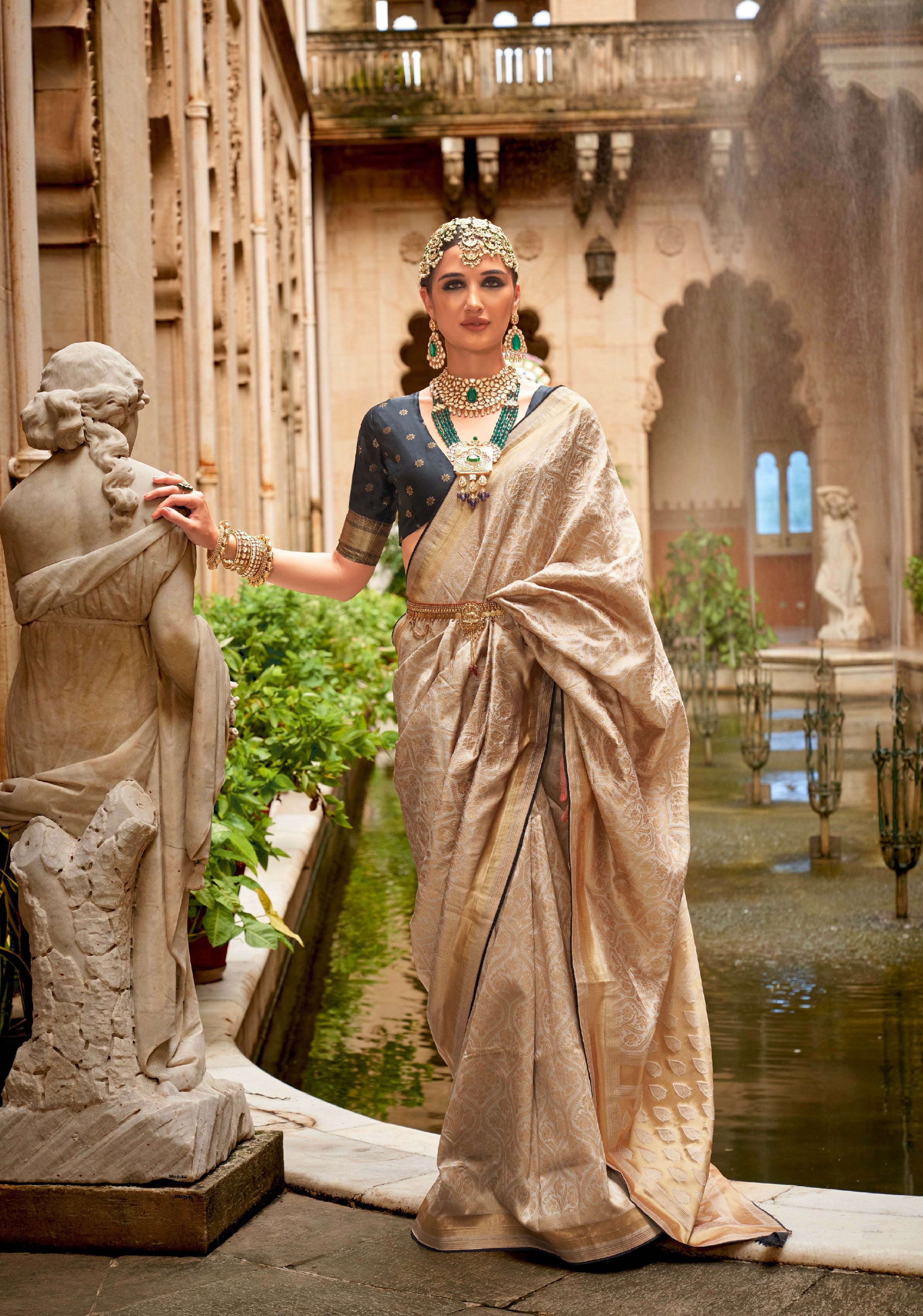 Cream and Gold Banarasi Silk Saree with Jacquard Weaving and Blouse