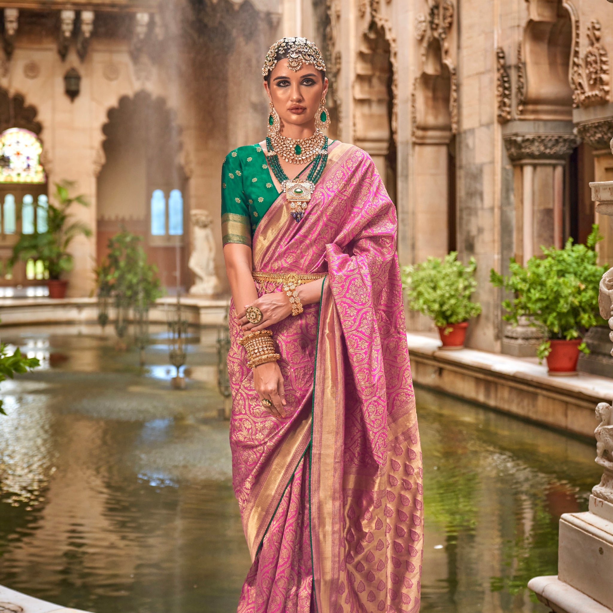 Pink and Gold Banarasi Silk Saree with Jacquard Weaving and Blouse