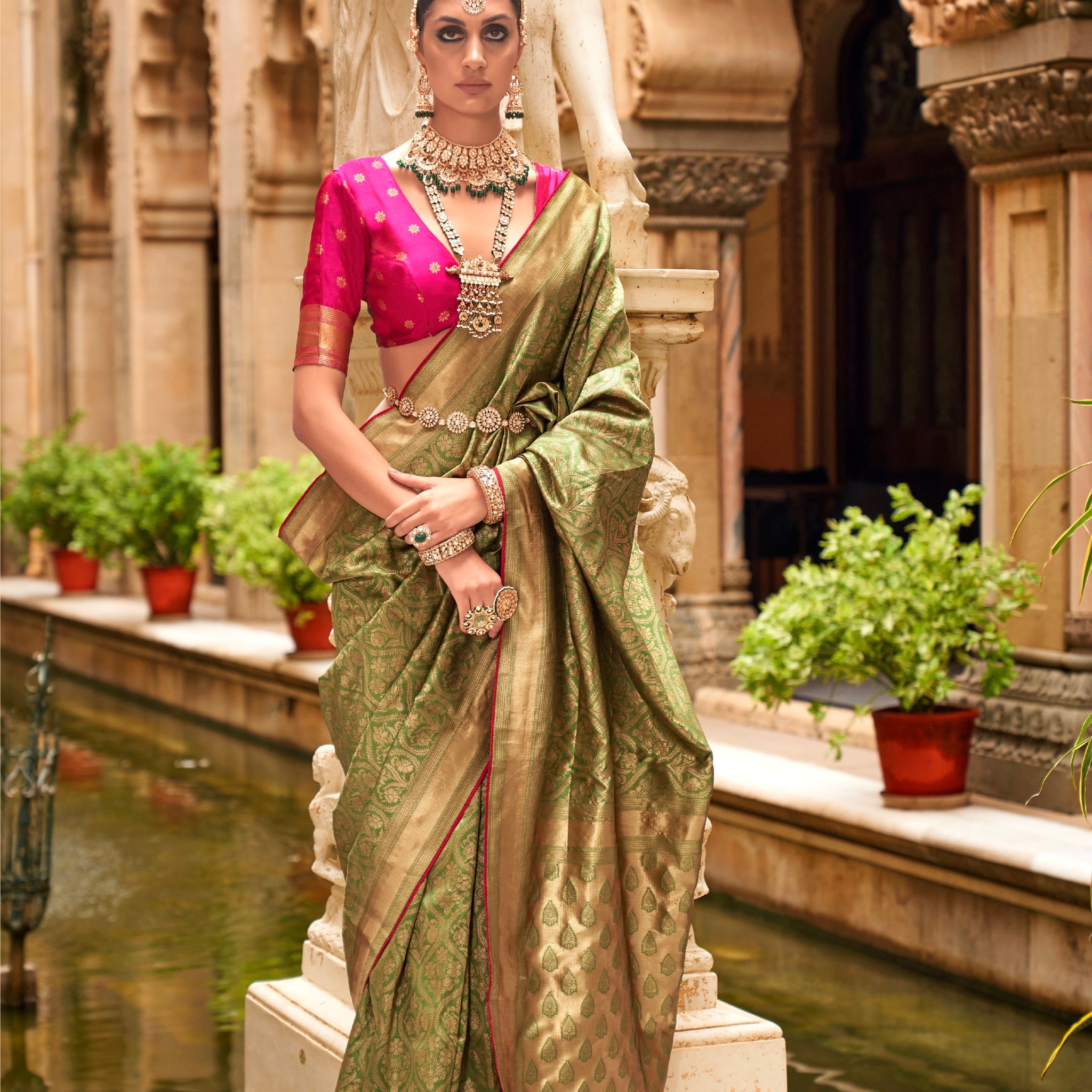 Olive Green and Gold Banarasi Silk Saree with Jacquard Weaving and Blouse