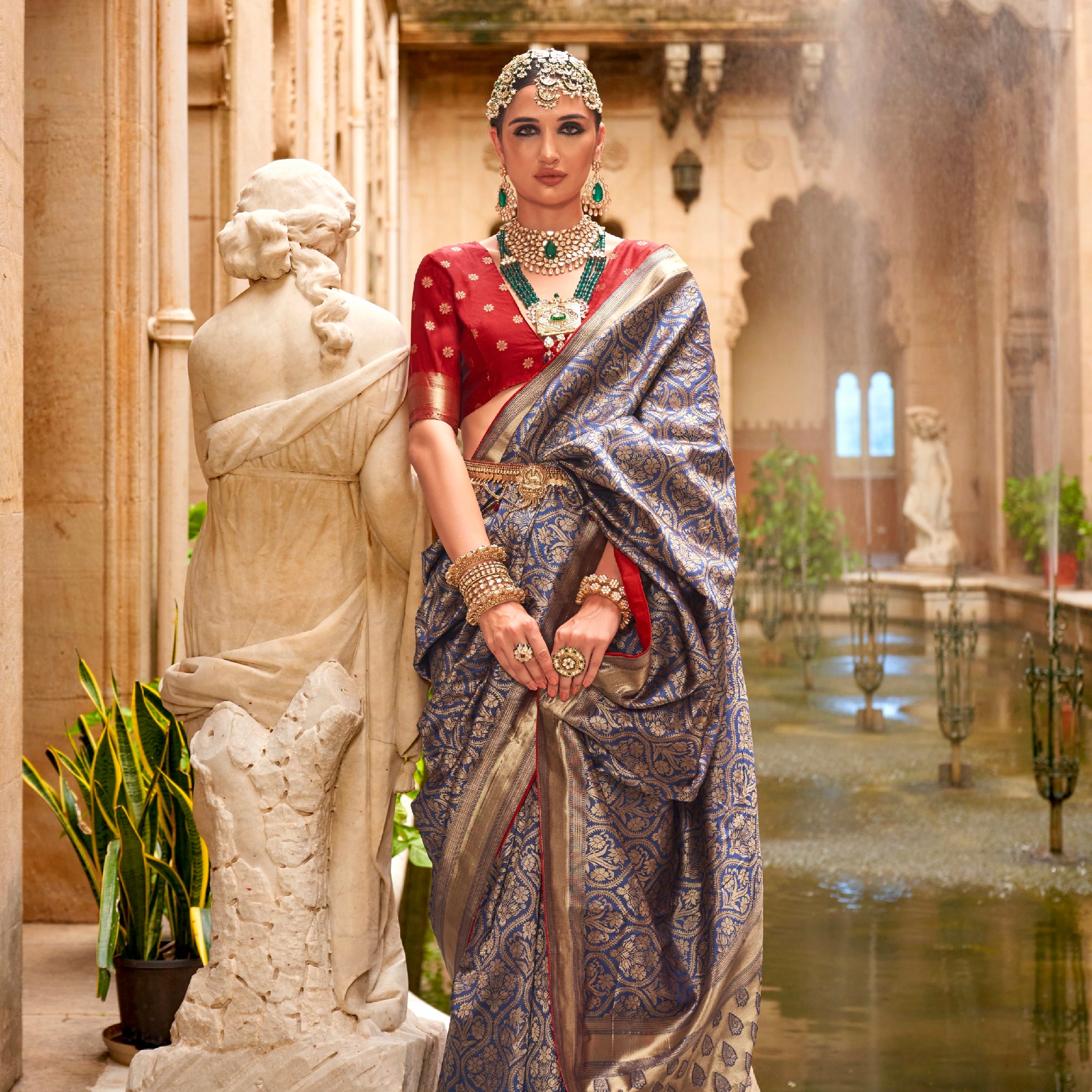 Blue and Silver Banarasi Silk Saree with Jacquard Weaving and Blouse